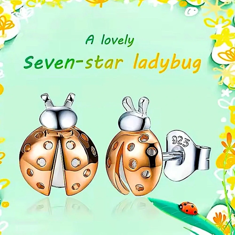 Sterling Silver Gold Lady Bug Stud Earrings